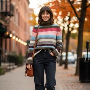 Cashmere Studio 4-Ply 100% Cashmere Ribbed Striped Turtleneck Sweater Size S